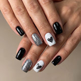 24pcs/Set Short Black Heart Glitter Press-On Nails