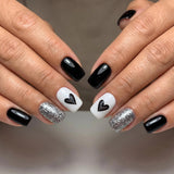 24pcs/Set Short Black Heart Glitter Press-On Nails