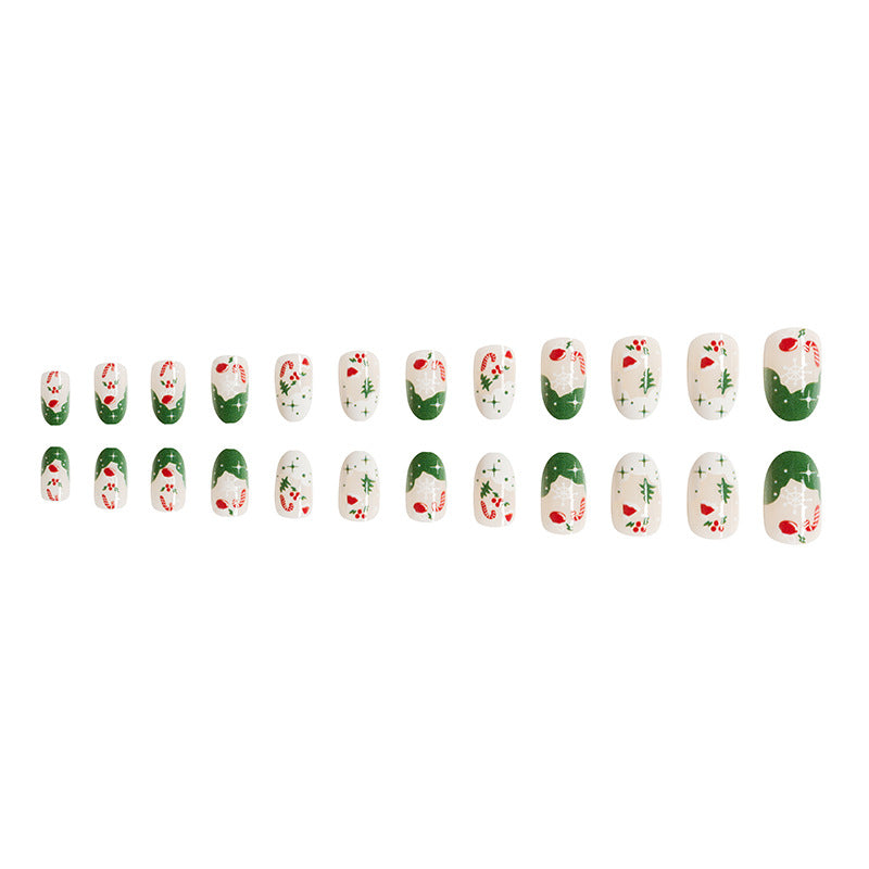 24pcs/SetShort Oval Snowflake Candy Cane Hat & Tree Christmas Press-On Nails