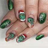 24pcs/Set Short Oval Glitter Grinch Christmas Press-On Nails