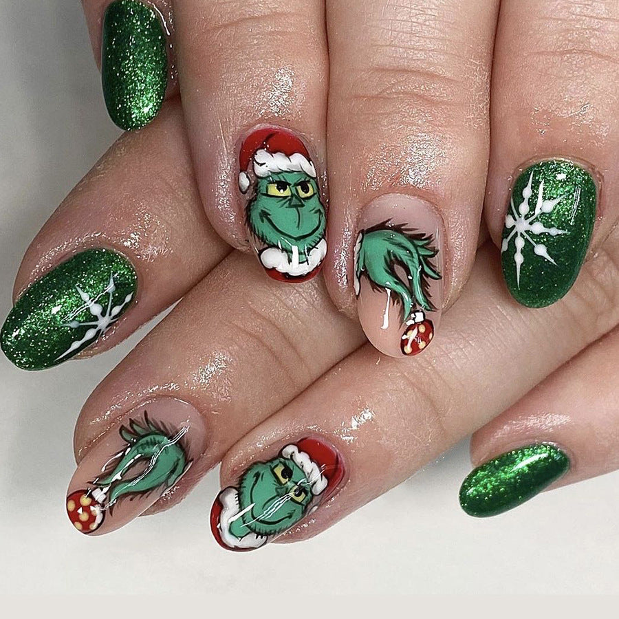 24pcs/Set Short Oval Glitter Grinch Christmas Press-On Nails