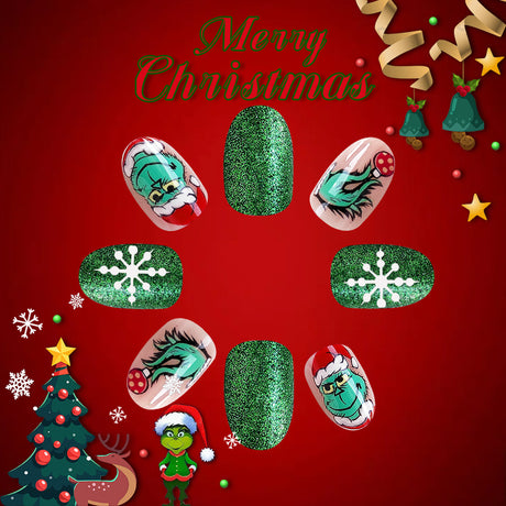 24pcs/Set Short Oval Glitter Grinch Christmas Press-On Nails
