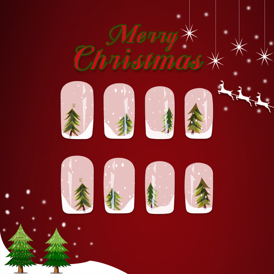24pcs/Set Short Irregular French with Christmas Tree & Snowflake Press-On Nails