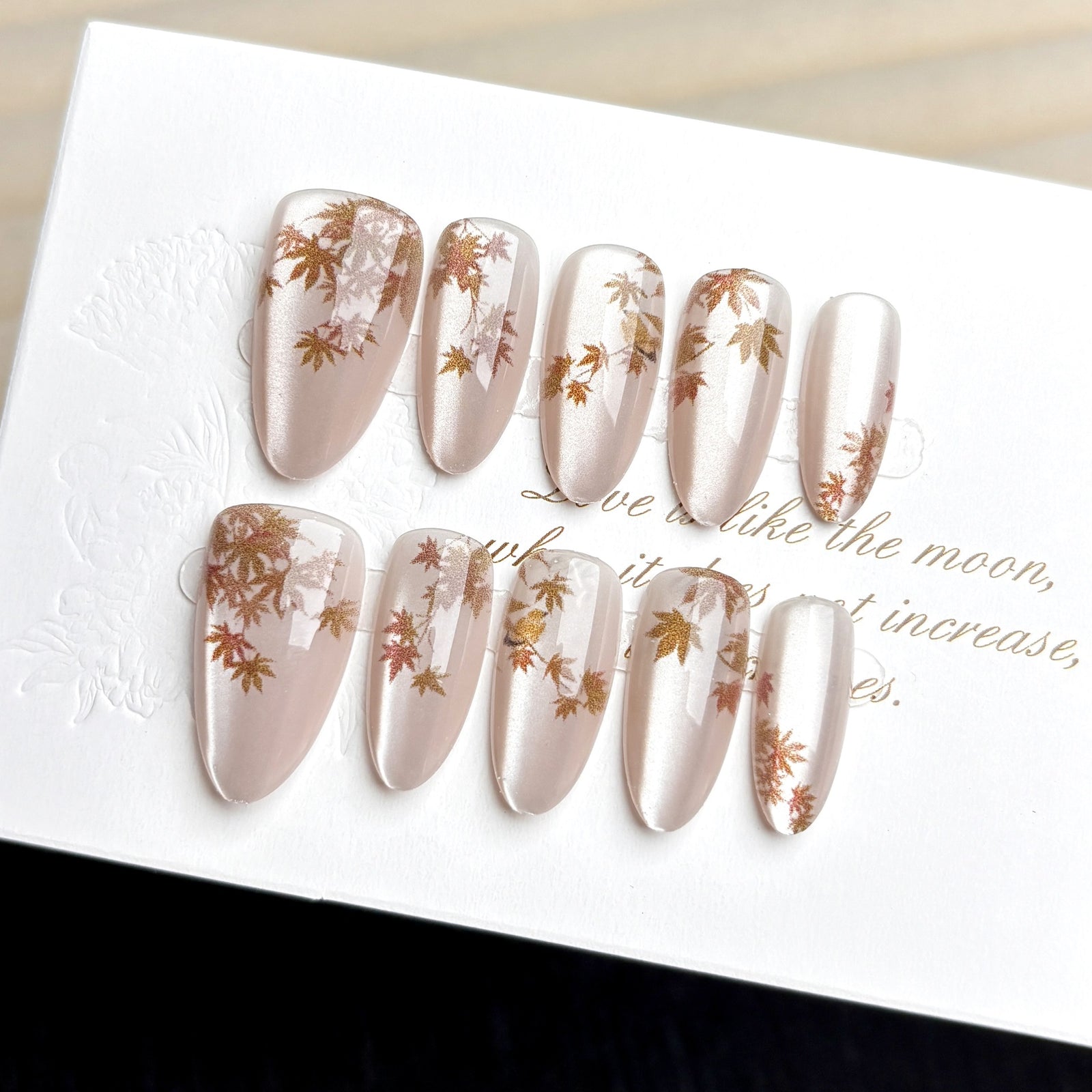 24pcs/Set Short Sheer Nude Autumn Maple Cat Eye Press-On Nails