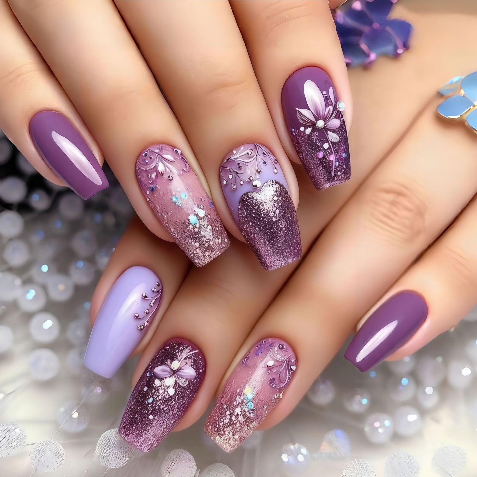 24pcs/Set Purple Crystals Floral Press-On Nails