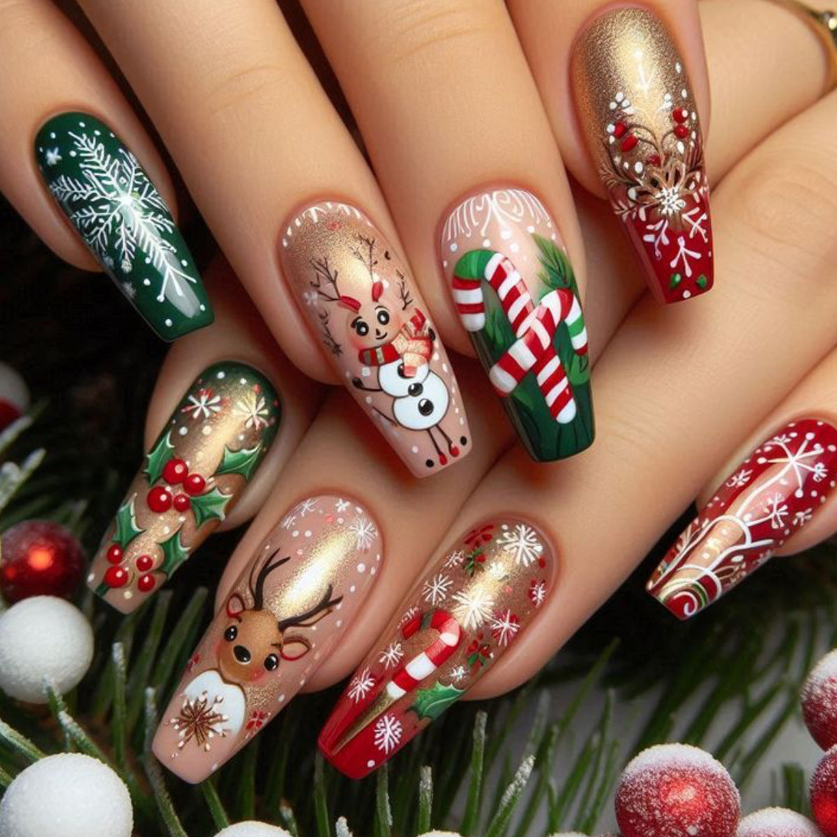 24pcs/Set Christmas Red Glitter with Snowflake, Candy Cane & Reindeer Press-On Nails