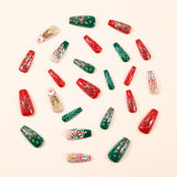 24pcs/Set Christmas Red Glitter with Snowflake, Candy Cane & Reindeer Press-On Nails