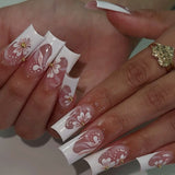 24pcs/Set White French Tip with Floral Accents and Gold Beads Press-On Nails
