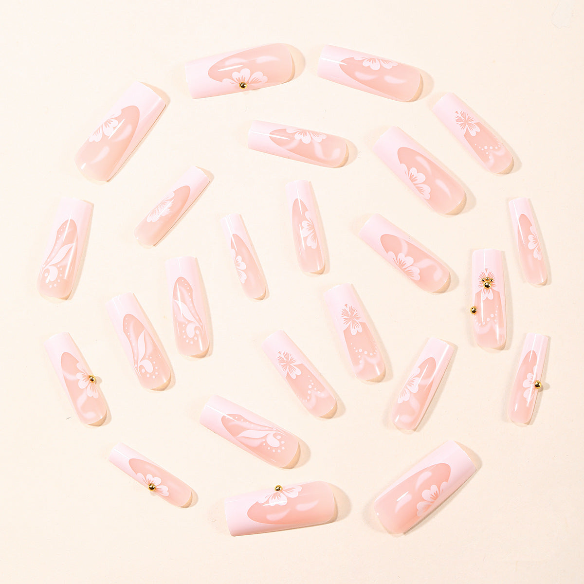 24pcs/Set White French Tip with Floral Accents and Gold Beads Press-On Nails