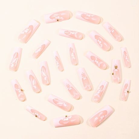 24pcs/Set White French Tip with Floral Accents and Gold Beads Press-On Nails