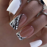 24pcs/Set Zebra Print French Tip with Crystal Rhinestones Press-On Nails