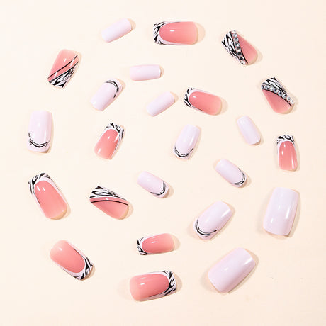 24pcs/Set Zebra Print French Tip with Crystal Rhinestones Press-On Nails