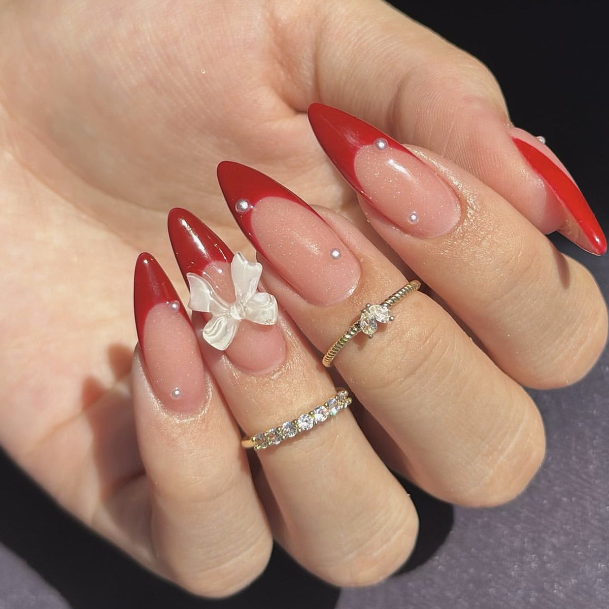 24pcs/Set Red French Tip with 3D Bow Press-On Nails
