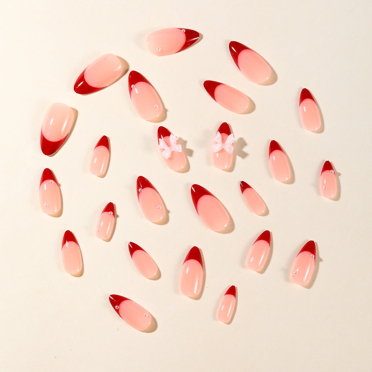 24pcs/Set Red French Tip with 3D Bow Press-On Nails