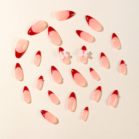24pcs/Set Red French Tip with 3D Bow Press-On Nails
