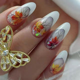 24pcs/Set Autumn White French with Maple Leaf Press-On Nails