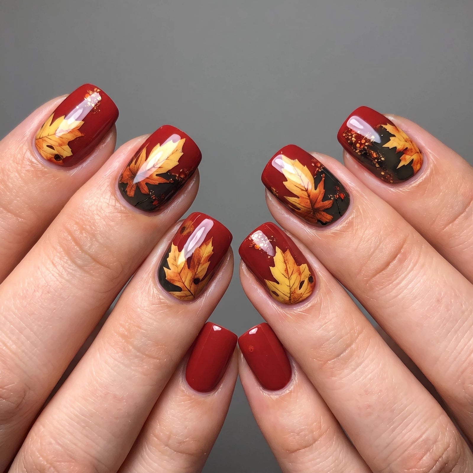 24pcs/Set Square Oil-Paint Style Maple Leaf Short Press-On Nails