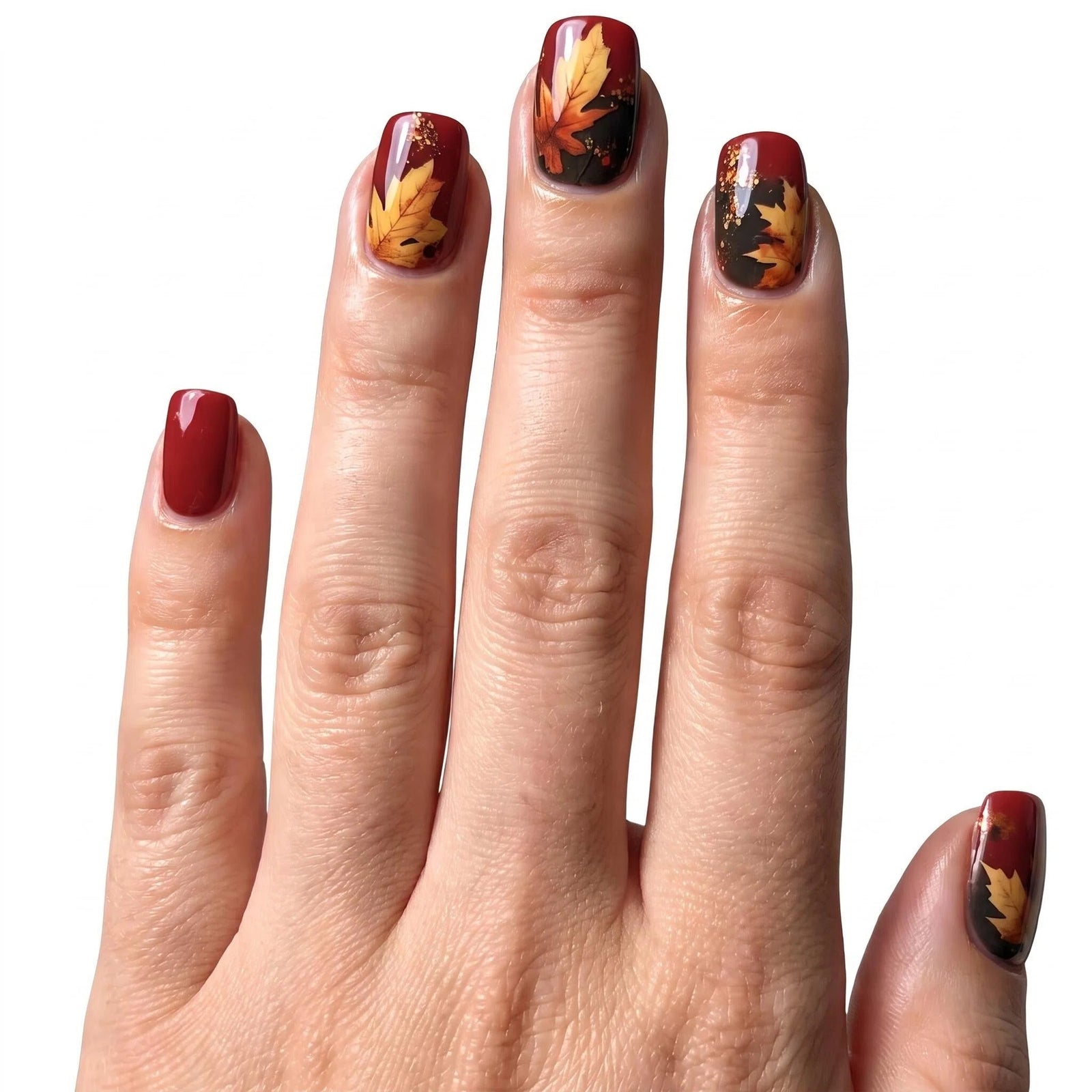 24pcs/Set Square Oil-Paint Style Maple Leaf Short Press-On Nails