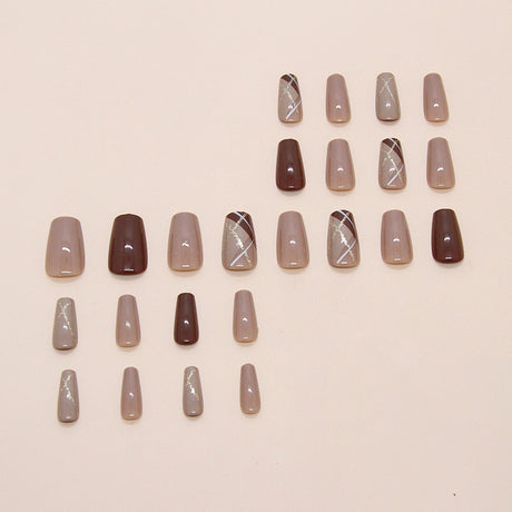 24pcs/Set Milk Coffee Brown Diamond Pattern Short Press-On Nails