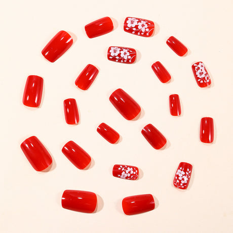 24pcs/Set Red with White Florals Press-On Nails