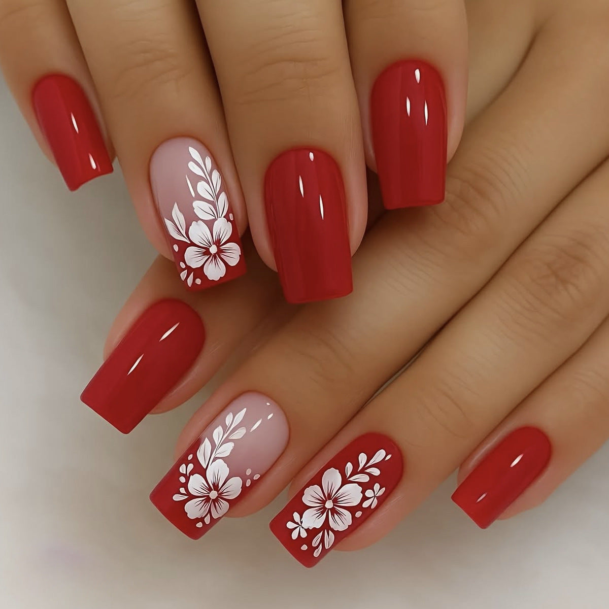 24pcs/Set Red French Tip with White Florals Press-On Nails