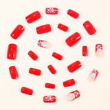 24pcs/Set Red French Tip with White Florals Press-On Nails