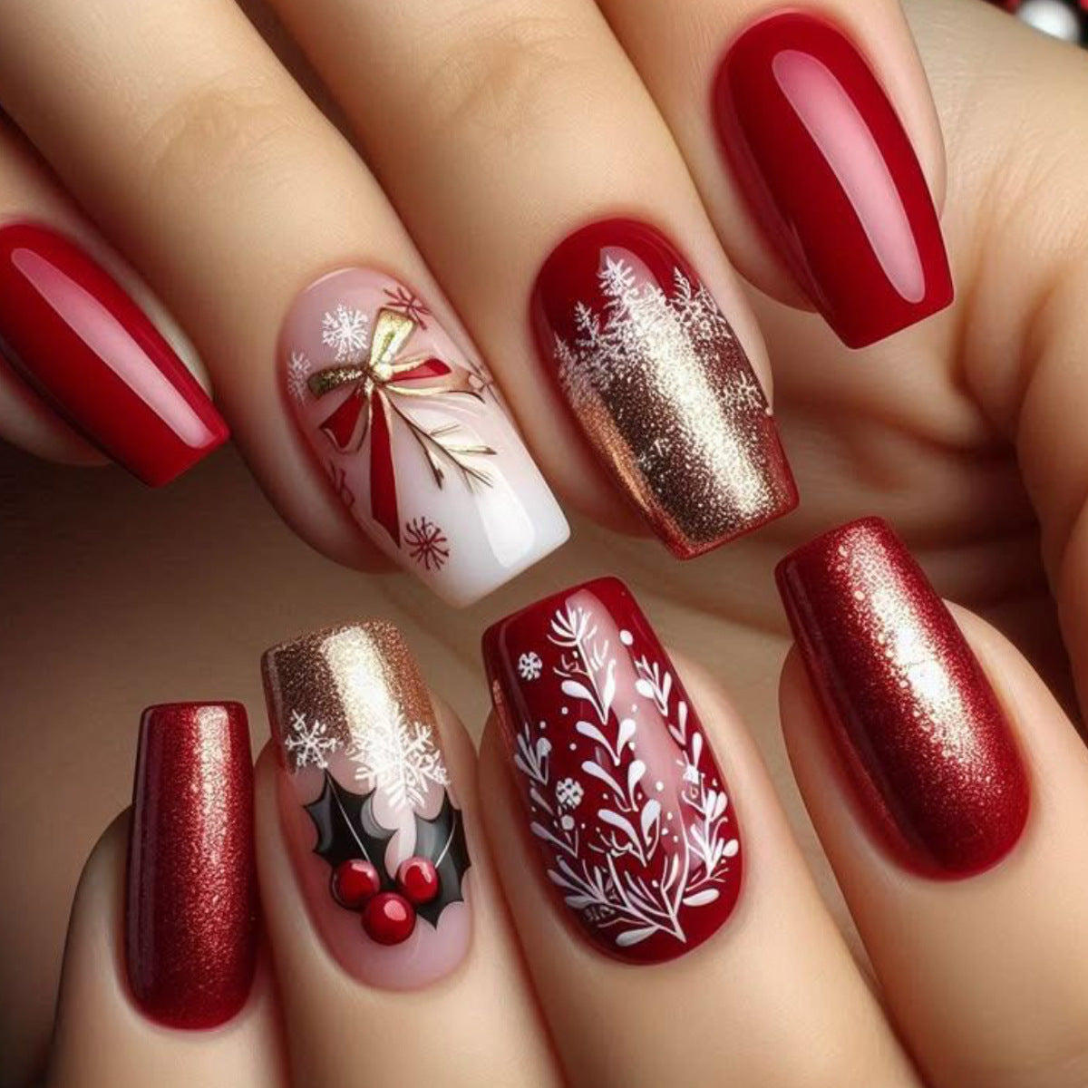 24pcs/Set Christmas Red with Snowflake, Candy Cane & Bow Press-On Nails