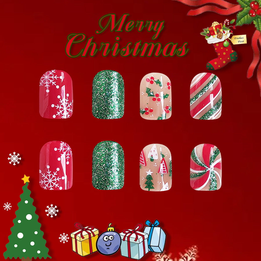 24pcs/Set Short Snowflake Christmas Tree & Stripe Design Press-On Nails