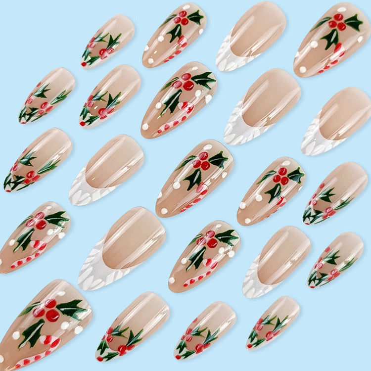 24pcs/Set Christmas 3D Embossed Snowflake, Candy Cane & Fruit Press-On Nails