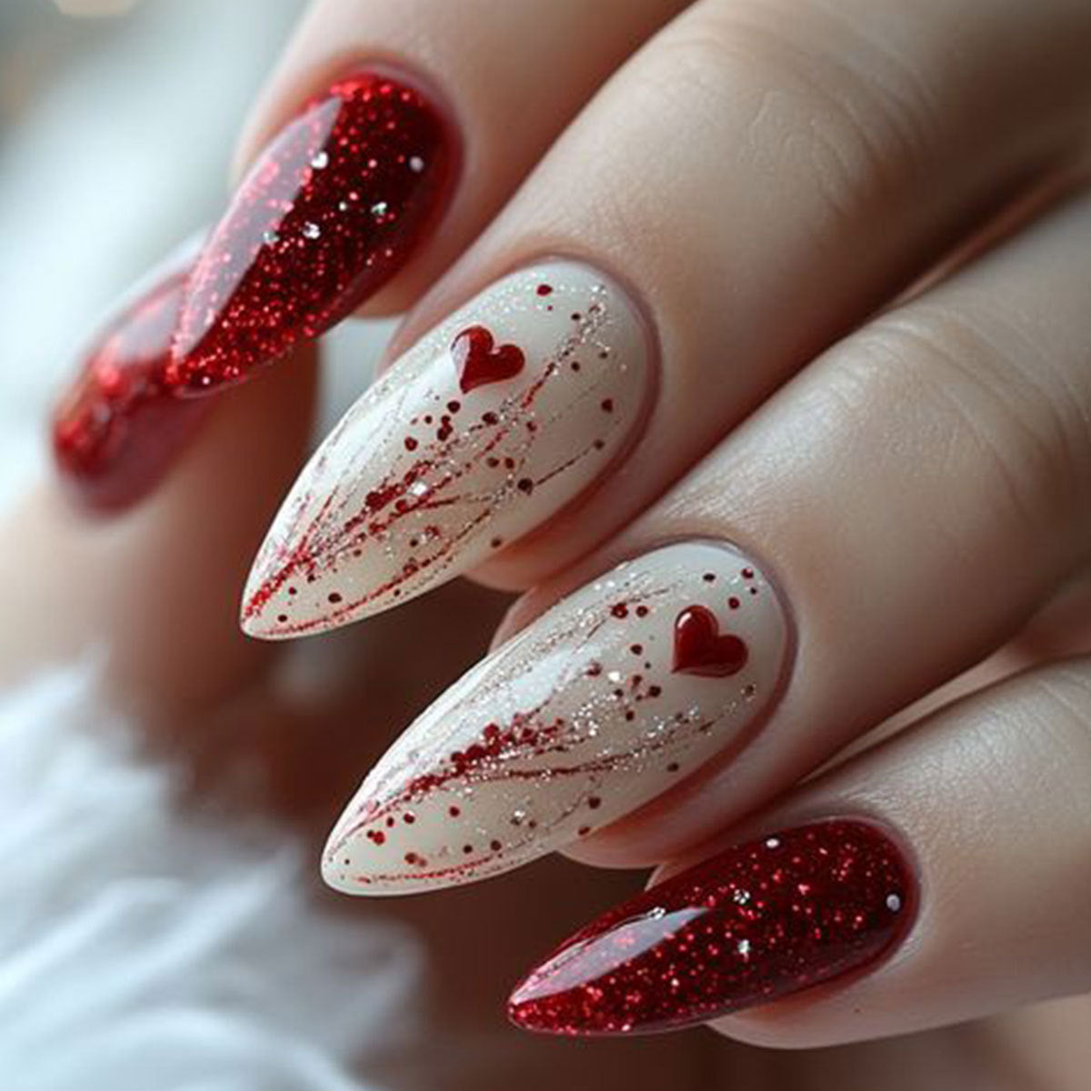 24pcs/Set Bling Glitter Heart Valentine‘s Day Press-On Nails