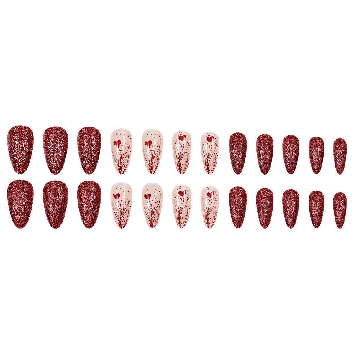 24pcs/Set Bling Glitter Heart Valentine‘s Day Press-On Nails