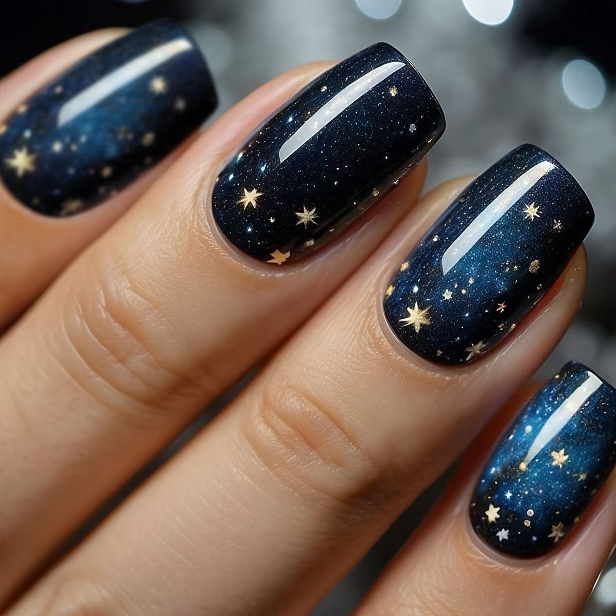 24pcs/Set Deep Blue Cosmic Starry Sky Press-On Nails