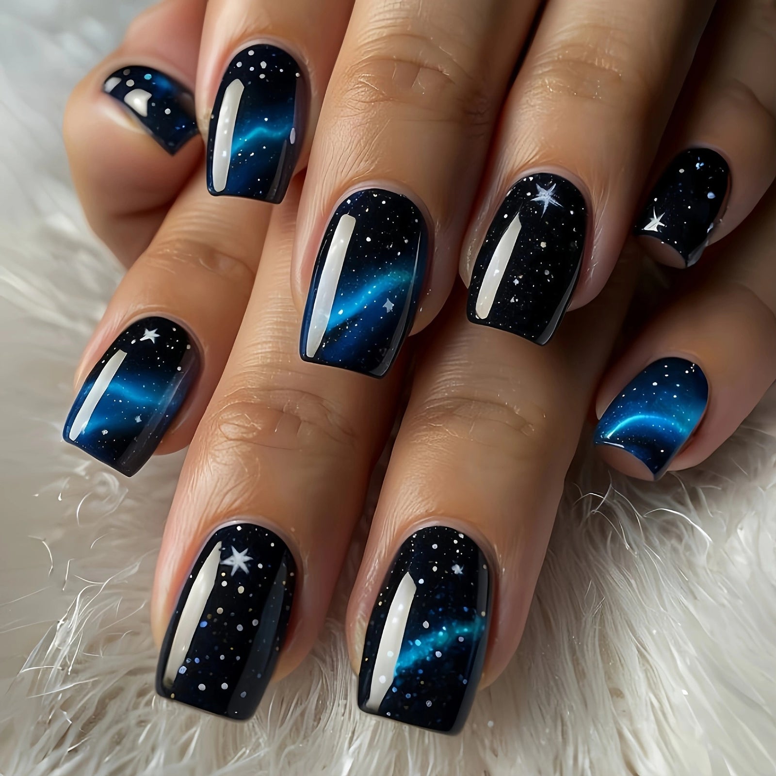 24pcs/Set Deep Blue Cosmic Starry Sky Press-On Nails