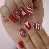 24pcs/Set Red Christmas Snowflake & Tree with White Stripes Press-On Nails