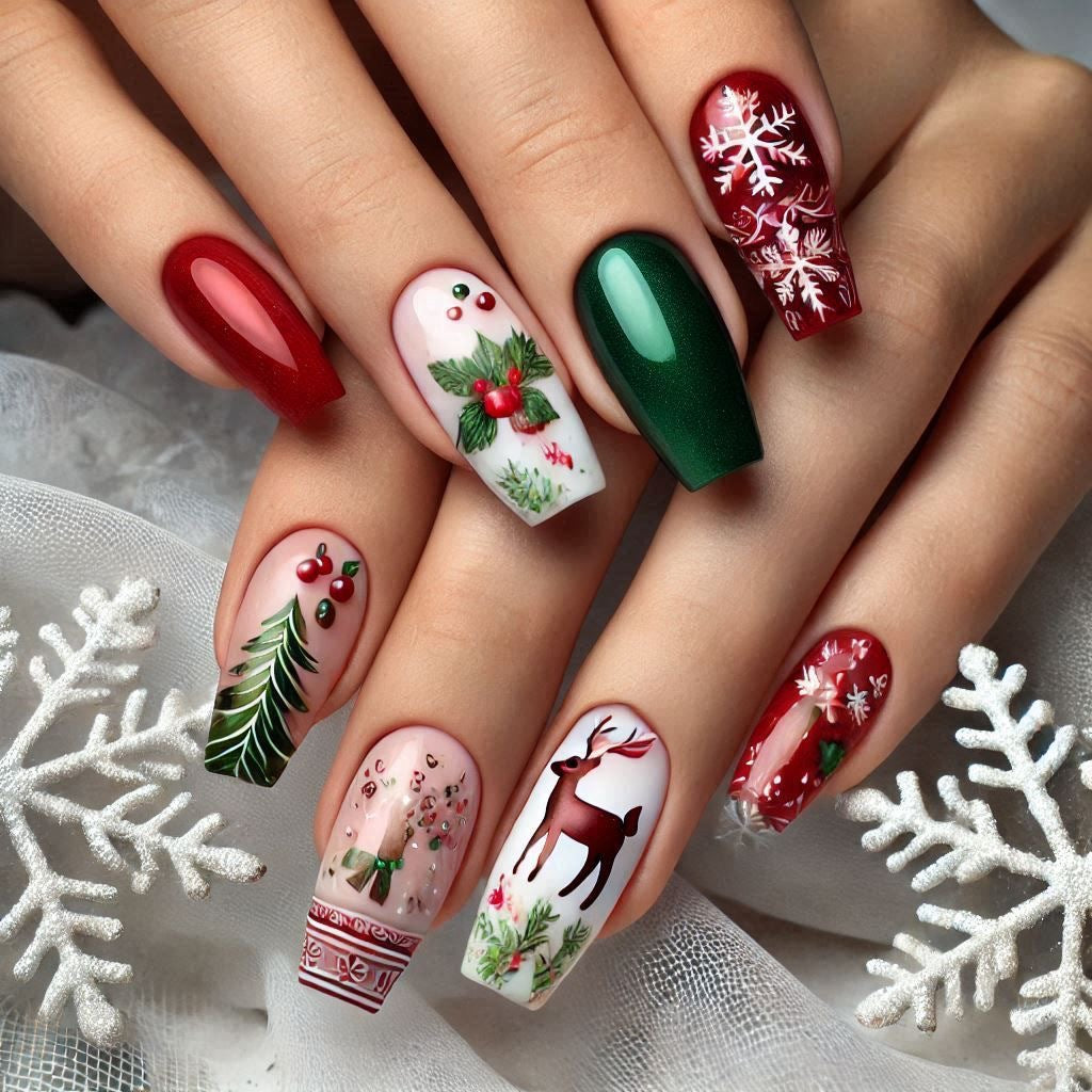 24pcs/Set Christmas Snowflake & Reindeer Press-On Nails