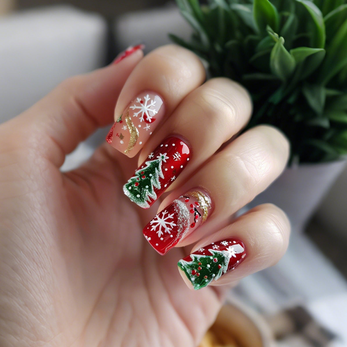 24pcs/Set Christmas Green Pine Tree with Snowflakes Press-On Nails