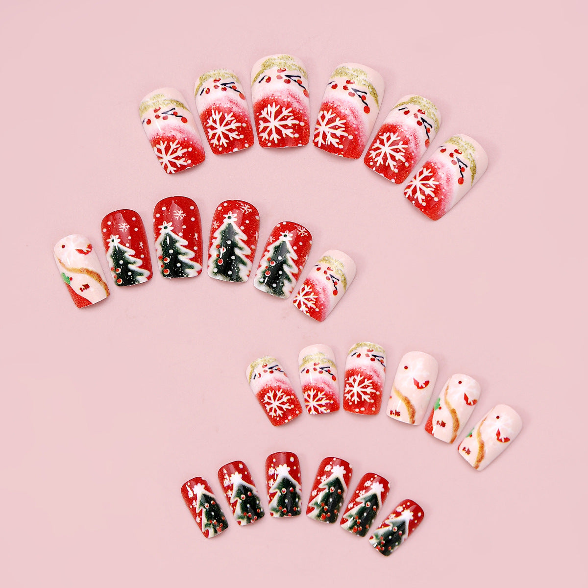 24pcs/Set Christmas Green Pine Tree with Snowflakes Press-On Nails