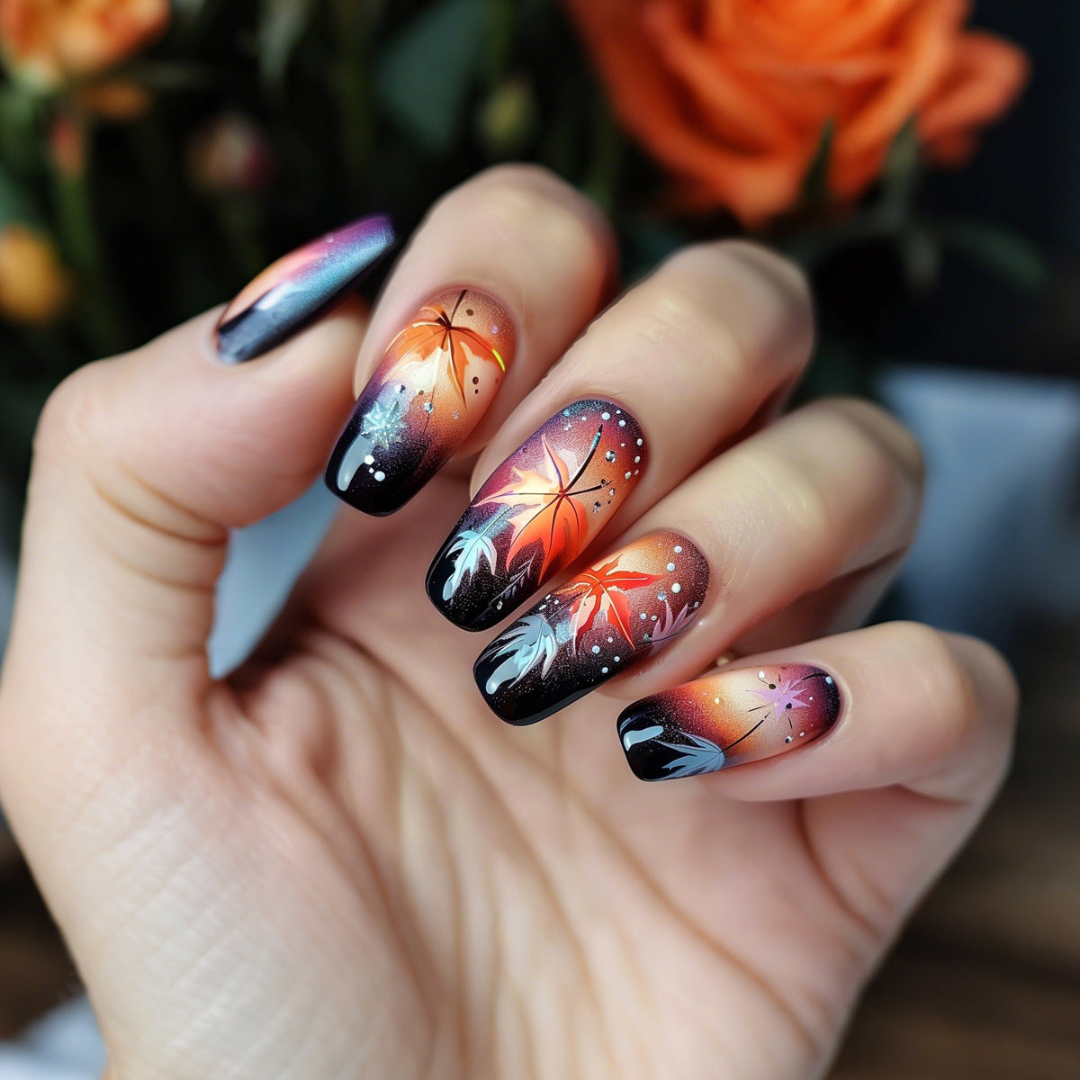 24pcs/Set Autumn-Winter Maple Leaf Ombré Blur Press-On Nails
