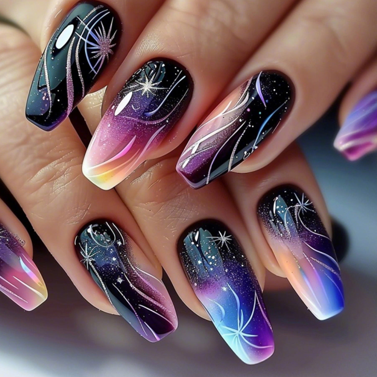24pcs/Set Cosmic Star Nebula Gradient Press-On Nails