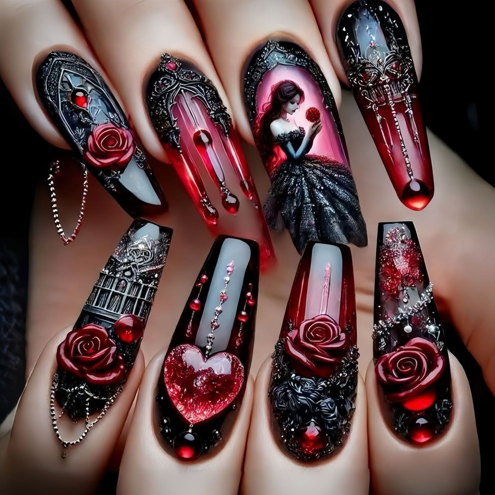 24pcs/Set Valentine's Day Flower & Heart Press On Nails