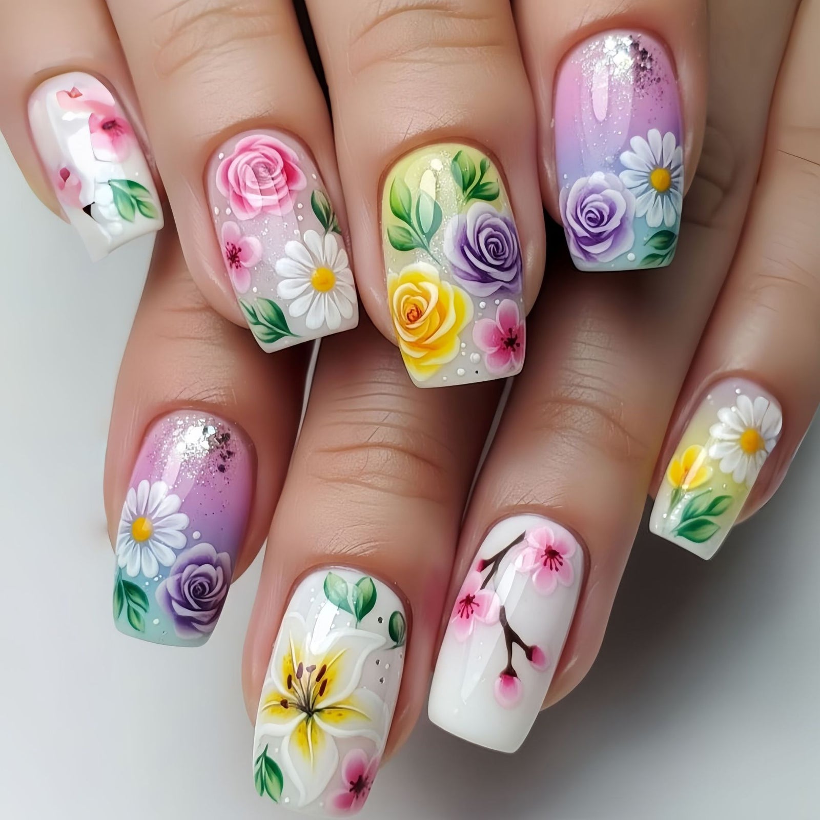 24pcs/Set Pale Floral Press-On Nails