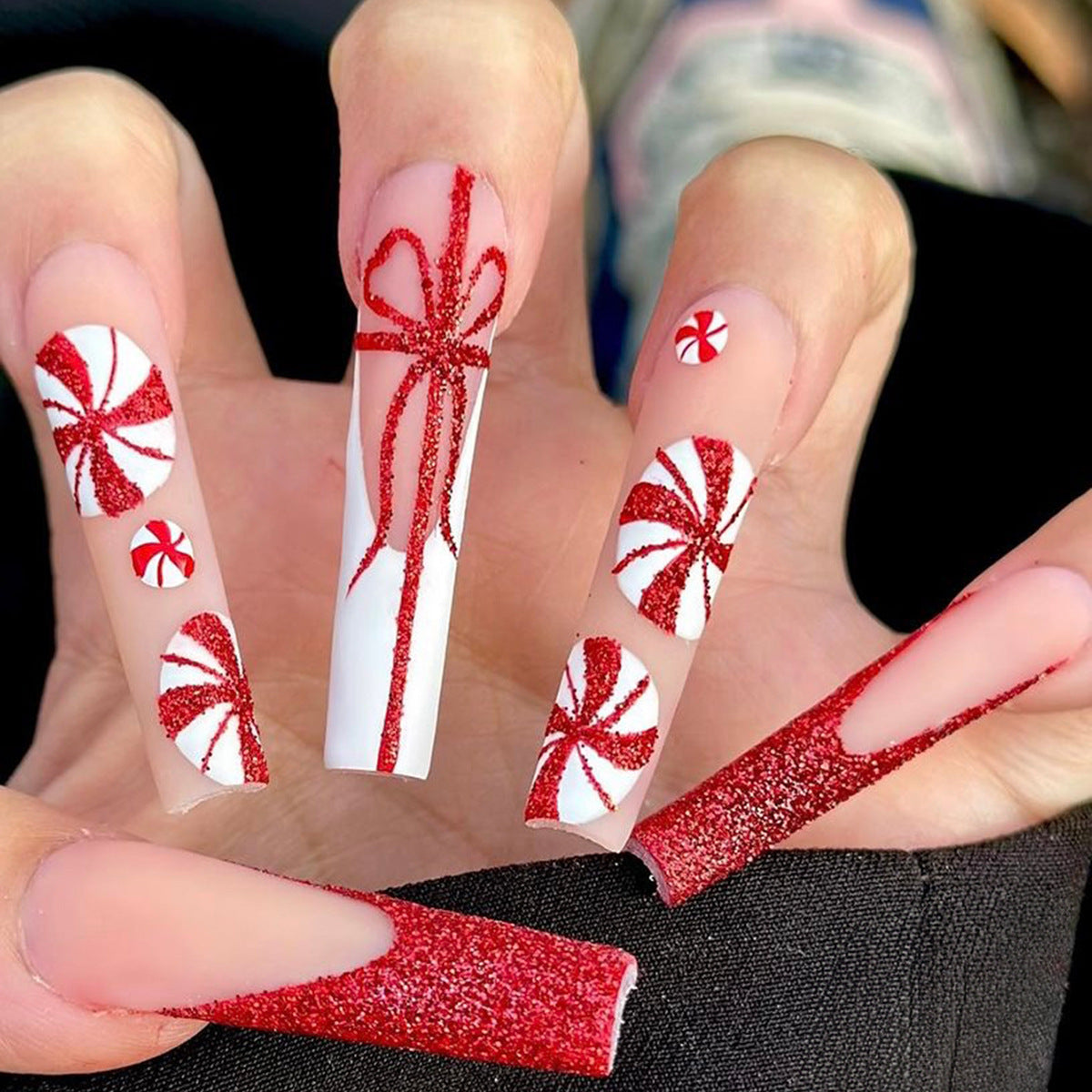 24pcs/Set Christmas Red French Tip with Elongated Bow & Stripes Press-On Nails