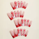 24pcs/Set Christmas Red French Tip with Elongated Bow & Stripes Press-On Nails