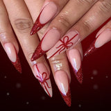24pcs/Set Long Stiletto Red French Tip with Christmas Bow Press-On Nails