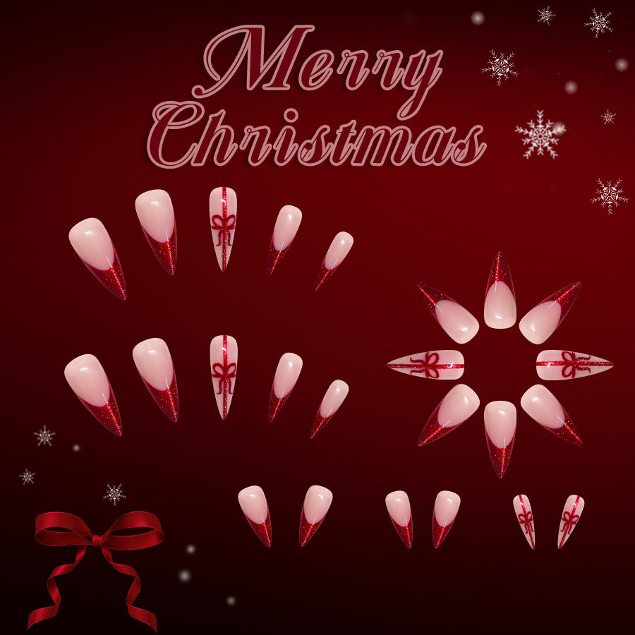 24pcs/Set Long Stiletto Red French Tip with Christmas Bow Press-On Nails
