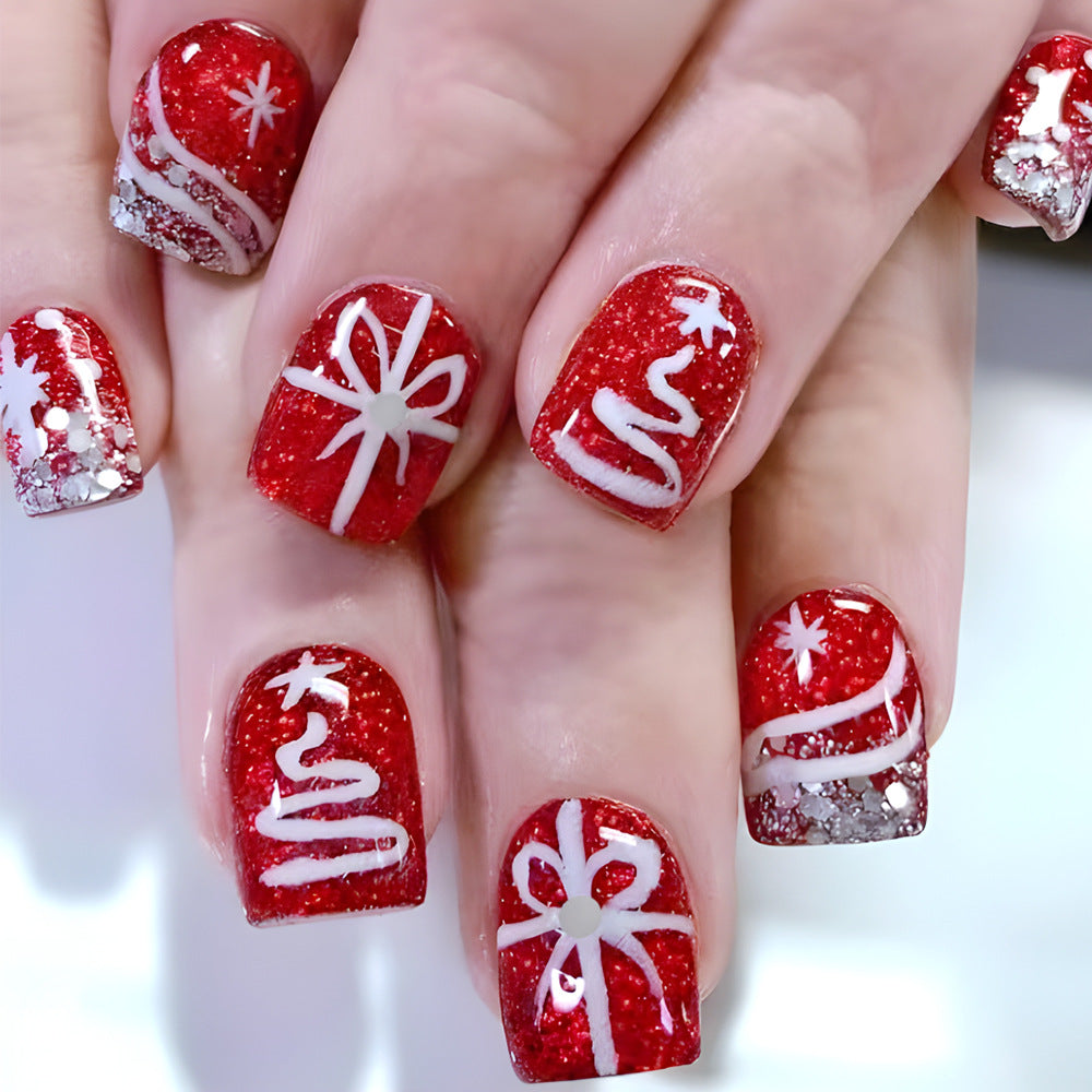 24pcs/Set Short Red Christmas with Snowflake & Bow Press On Nails
