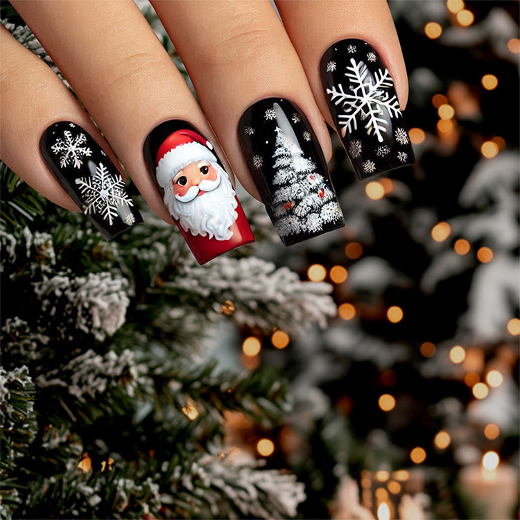 24pcs/Set Black Christmas Snowflake & Santa Press-On Nails