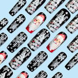 24pcs/Set Black Christmas Snowflake & Santa Press-On Nails