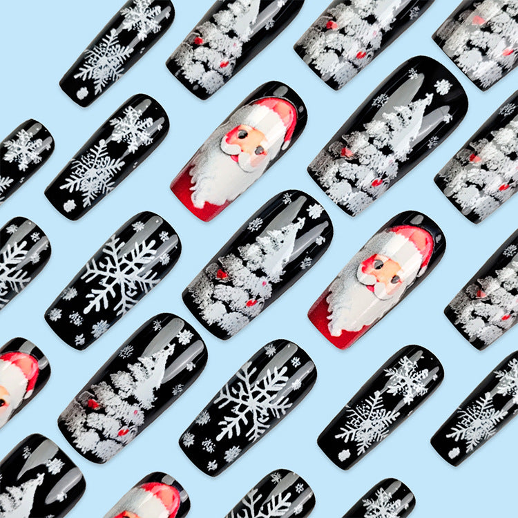 24pcs/Set Black Christmas Snowflake & Santa Press-On Nails