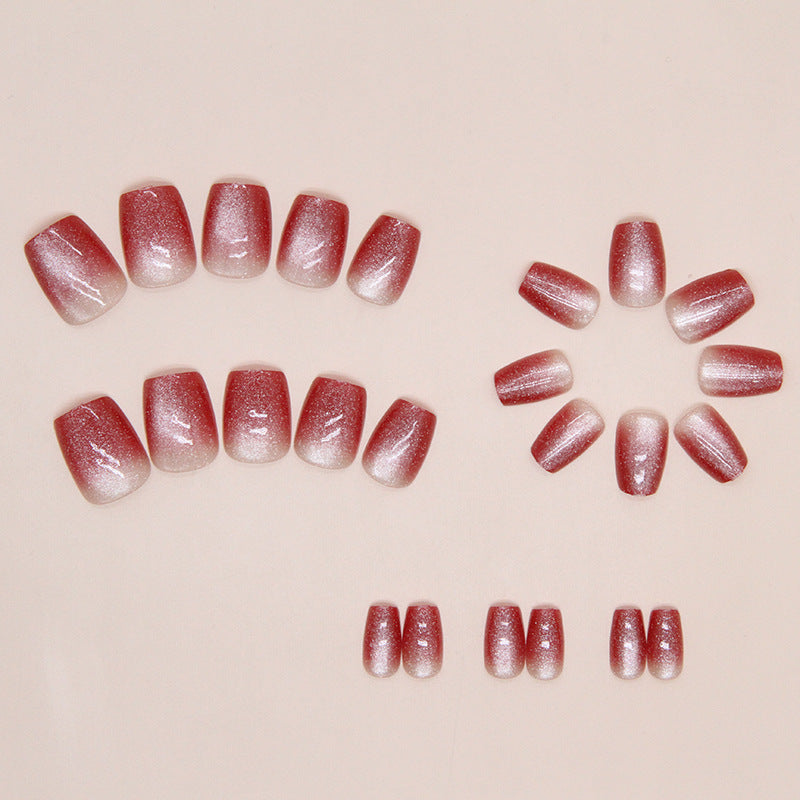 24pcs/Set Short Wine Red Ombré Cat Eye Press On Nails